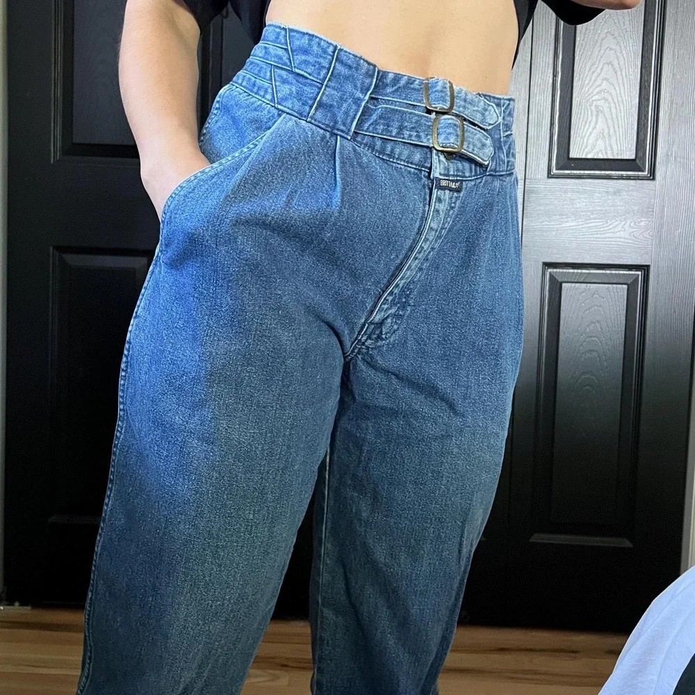 vtg‎ 80s Brittania dark denim mom jeans front double buckle size 11 tapered